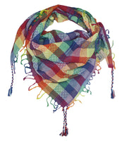 Victoria rainbow keffiyeh by Tahrir Scarf in red, white and blue (neck fold)