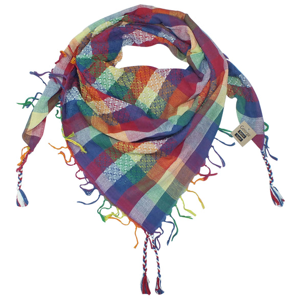 George keffiyeh rainbow by Tahrir Scarf in red, white and blue (neck fold)