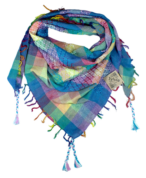 Sylvia (trans) keffiyeh rainbow by Tahrir Scarf in pink, light blue and white (neck fold)