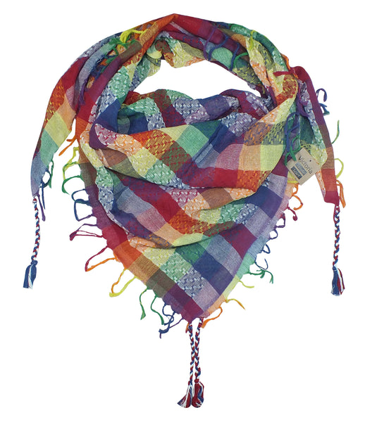 Victoria rainbow keffiyeh by Tahrir Scarf in red, white and blue (neck fold)